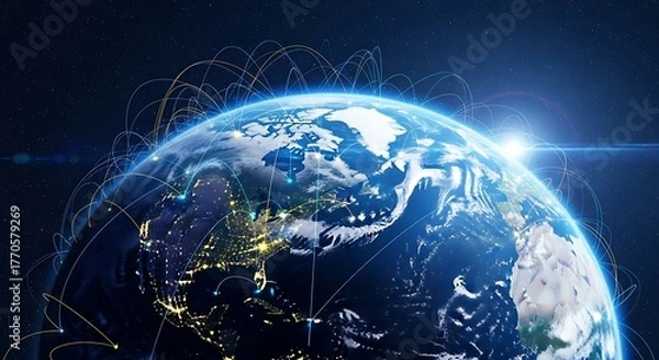 Fototapeta A vibrant shot of Earth in space, illuminated by a sunburst. Interconnected lines represent global networking across continents