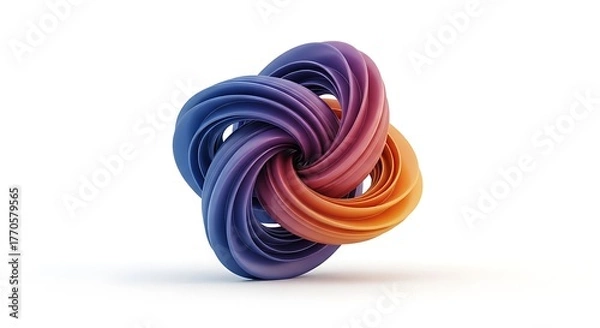 Fototapeta A vibrant, three-dimensional abstract form, composed of intertwined rings with a smooth gradient transition of colors, isolated on a white backdrop