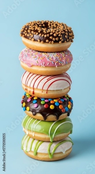 Obraz Tower of assorted donuts with chocolate, pink, and green icing topped with sprinkles and candies, delicious dessert concept for food advertising or bakery promotion