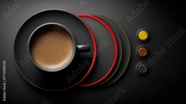 Fototapeta Elegant Coffee Cup on Dark Surface with Colorful Circular Patterns and Coffee Beans Accents