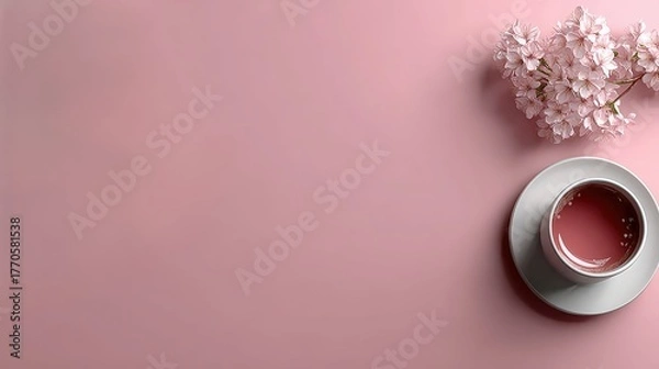 Fototapeta Delicate Cherry Blossom Tea Composition on Pink Background with Elegant Cup and Flowers