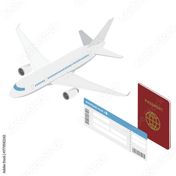 Obraz 飛行機とパスポートと航空券・アイソメトリック