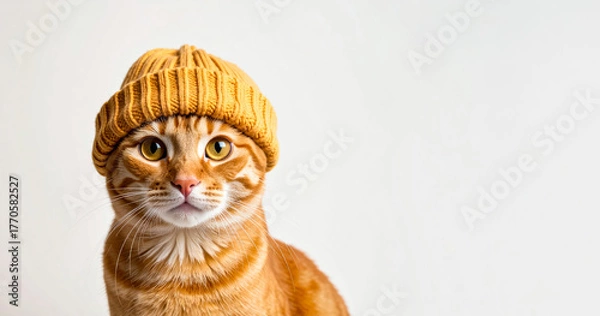Fototapeta cat wearing beanie with copy space white background