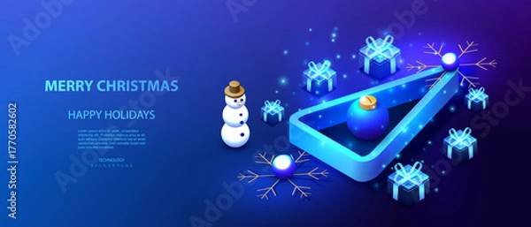 Obraz Happy Holiday Christmas card isometric banner with snowman and tree. Technology ai xmas design with snowflakes and gifts. Vector illustration for Happy New Year.