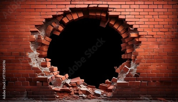 Fototapeta Large Damaged Hole Breaking Through A Red Brick Wall Surface