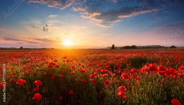 Fototapeta Landscape With Nice Sunset Over Poppy Field High Quality Photo