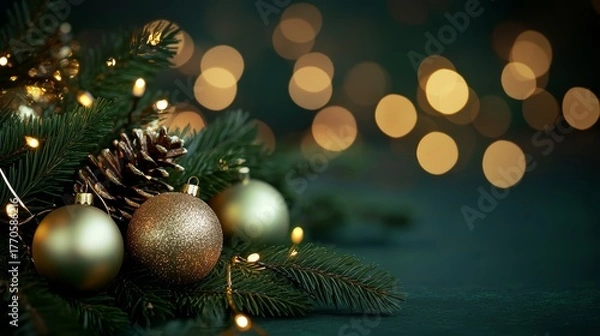 Fototapeta Festive arrangement of golden Christmas ornaments and pinecones on lush evergreen branches, illuminated by soft bokeh lights, creating a warm holiday atmosphere