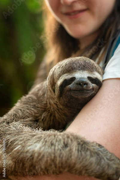 Fototapeta A cute, adorable smiling sloth being held by a girl in the rainforest