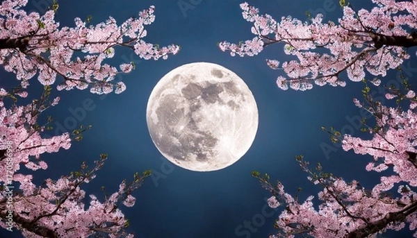 Fototapeta Sakura Moon Celebration Full Moon Placed Center Framed By Arching Sakura Branches