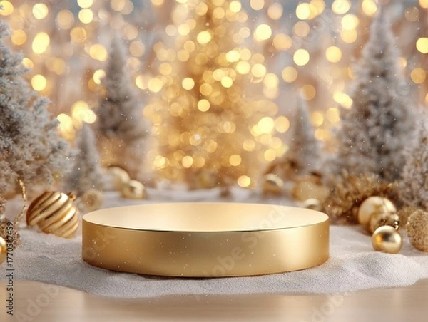 Fototapeta gold podium christmas design. Golden circular platform amidst festive decorations and soft blurred lights.