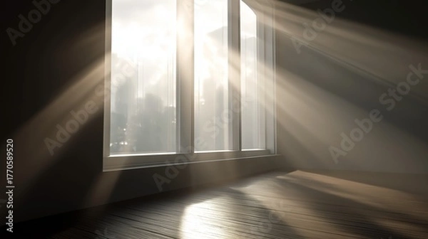 Fototapeta Sunlight streaming through window illuminates interior space with bright light and shadow contrast