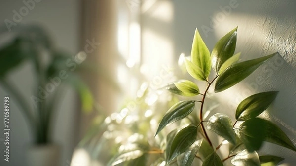 Fototapeta Delicate green leaves illuminated by sunlight, creating a serene indoor garden scene
