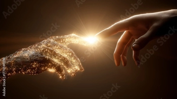 Fototapeta The creation of AI Artificial Intelligence, touching hands and radiant light concept illustration