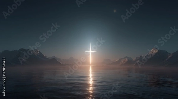 Fototapeta Christian cross shaped light emanating across water and landscape under moon