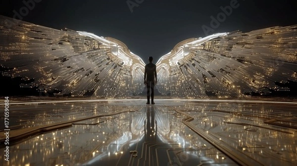 Fototapeta Man standing before giant AI Artificial Intelligence intricate metallic wings bathed in ethereal light a powerful and symbolic representation of aspiration and freedom