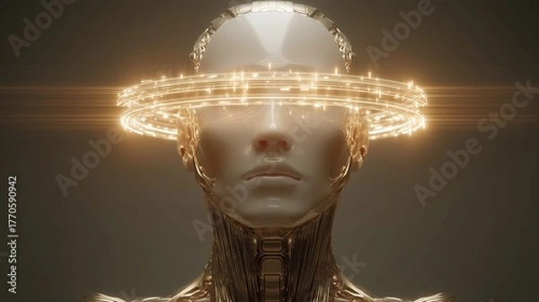 Fototapeta Futuristic AI Artificial Intelligence Woman with Glowing Halo and metallic appearance detailed futuristic art concept