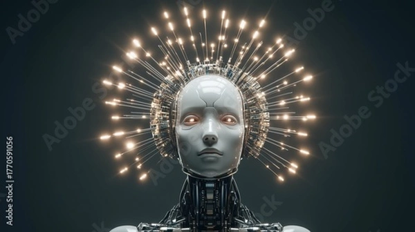 Fototapeta Futuristic AI Artificial Intelligence robot portrait with glowing details on dark background and technology concept