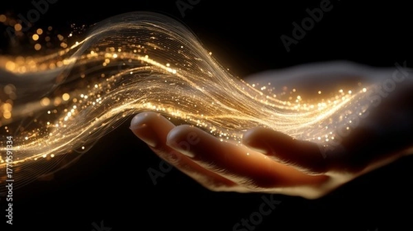 Fototapeta Hand delicately holding AI Artificial Intelligence flowing energy of light in the darkness, concept of creation or giving