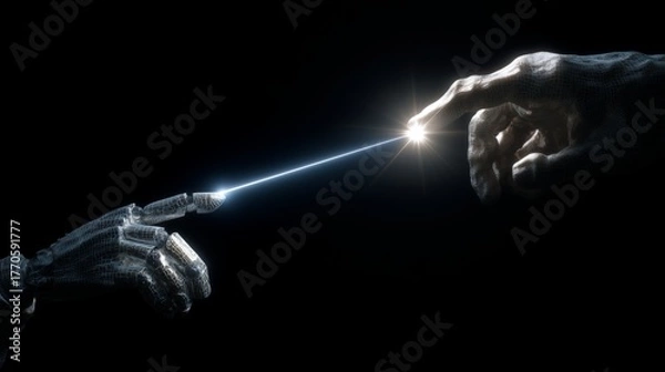 Fototapeta Human hand touching AI Artificial Intelligence robotic hand with laser light connection creating technological advancements