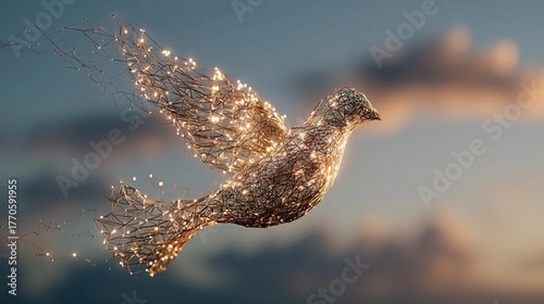 Fototapeta Dove of peace flying freely against sky in motion glittering with AI Artificial Intelligence coding light particles