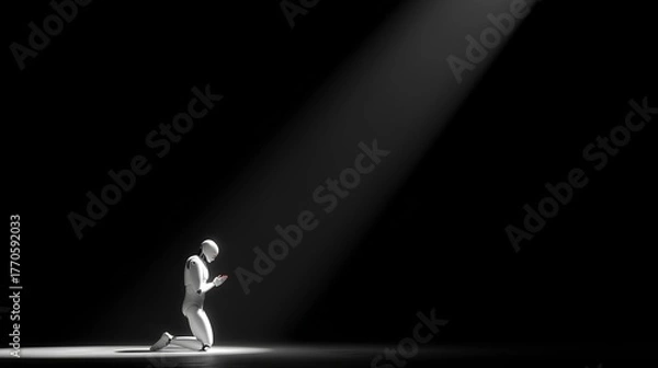 Fototapeta AI Artificial Intelligence robot praying under the light beam in dark, hope and faith in isolation concept