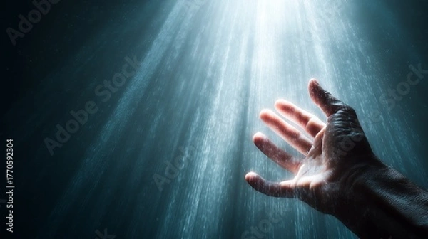 Fototapeta Hand reaching towards divine light and rays of sunlight hope and spiritual guidance