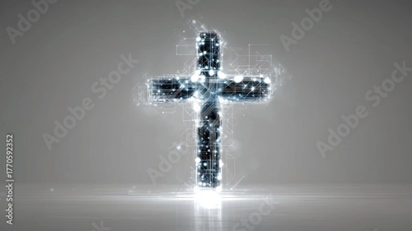 Fototapeta Shining cross made of sparkling blue particles floating in the light representing faith and hope