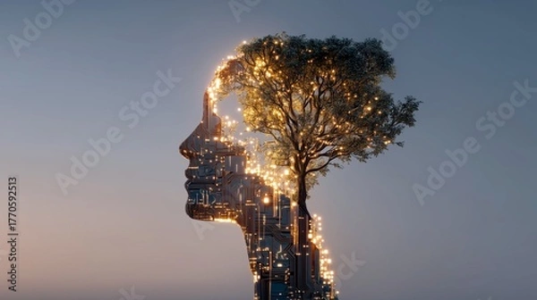 Fototapeta Silhouette of AI Artificial Intelligence woman's head merging with tree representing nature and human synergy with light elements 