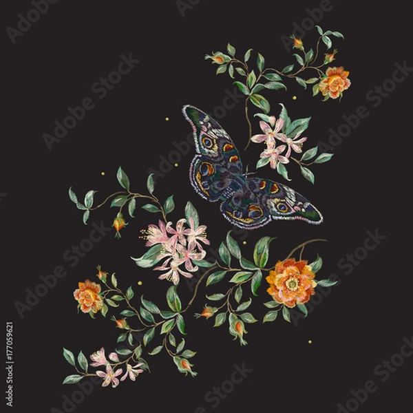 Fototapeta Embroidery trend floral pattern with wild roses and butterfly. Vector traditional design set with flowers for wearing.