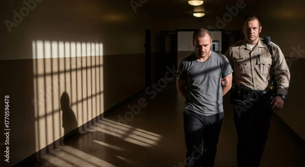 Fototapeta Man, an arrested criminal, walking handcuffed with a police officer or jail guard down a dark prison hallway with cell bar shadows.