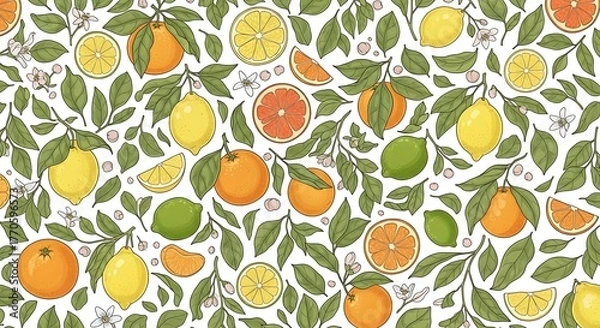 Obraz Citrus Fruit Pattern - Vibrant Lemons, Oranges, and Limes with Foliage.
