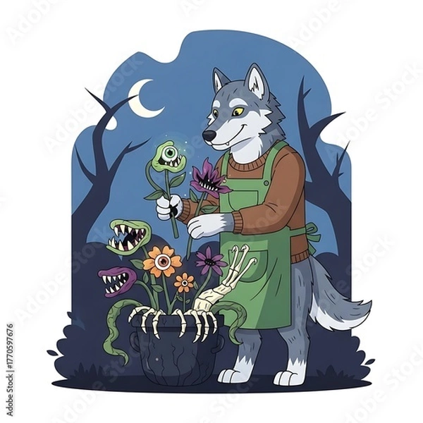 Obraz A whimsical anthropomorphic wolf arranges spooky flowers, with an apron and eerie night background