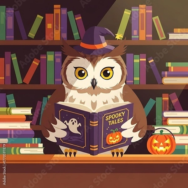 Obraz A whimsical cartoon scene showcasing an owl adorned in a witch hat, engrossed in a spooky book in a library