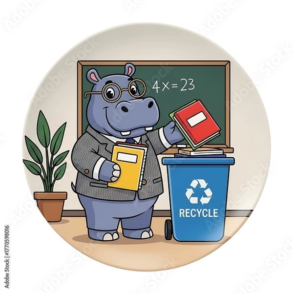 Obraz A whimsical ceramic plate features a hippo-teacher. He's discarding books in a recycle bin near a chalkboard with an incorrect equation
