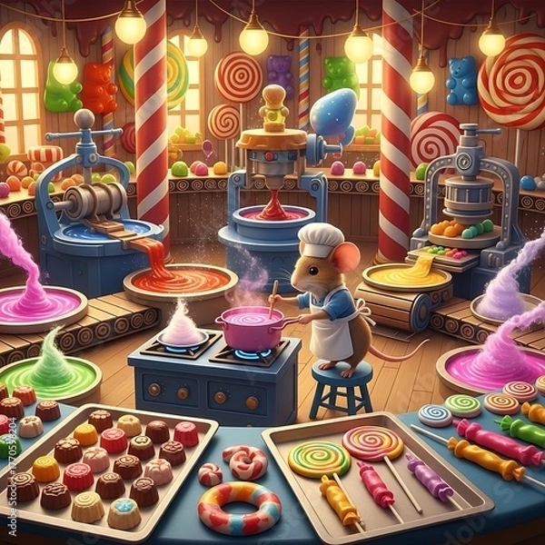 Fototapeta A whimsical confectionary scene features a mouse chef amidst colorful candies. Candy-making equipment fills the room