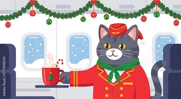 Fototapeta A whimsical depiction of a cartoon cat dressed as a flight attendant offering hot cocoa on a festively decorated plane