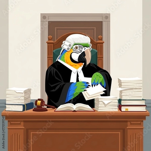 Obraz A whimsical depiction of a colorful parrot wearing a judge's wig and robe, presiding over a courtroom, reviewing legal documents