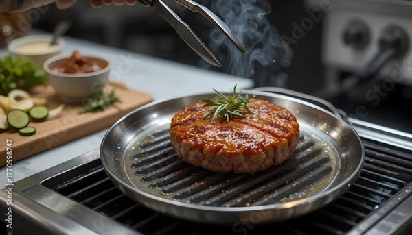 Fototapeta Perfectly Seared Meat Dish in a Stainless Steel Pan