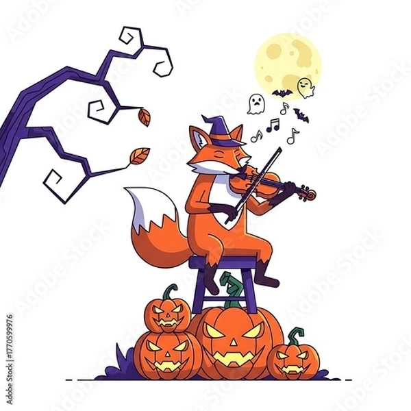 Obraz A whimsical illustration depicts a fox wearing a witch's hat, playing the violin in front of jack-o'-lanterns on a Halloween night