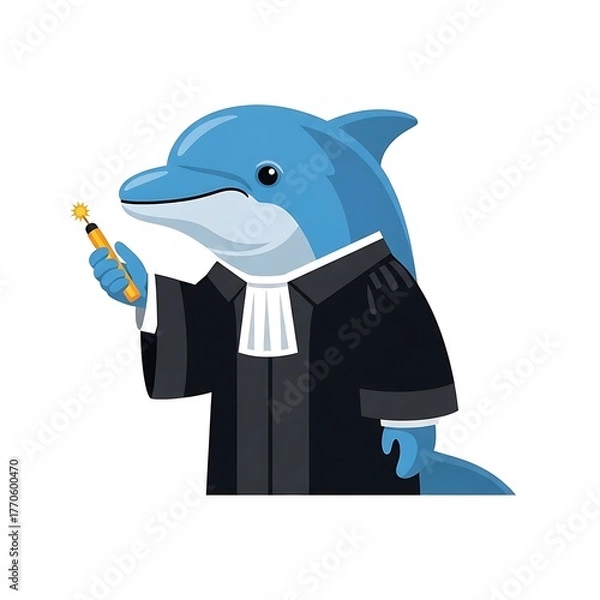 Obraz A whimsical image featuring a cartoon dolphin in judicial attire, holding a gavel, against a plain white background