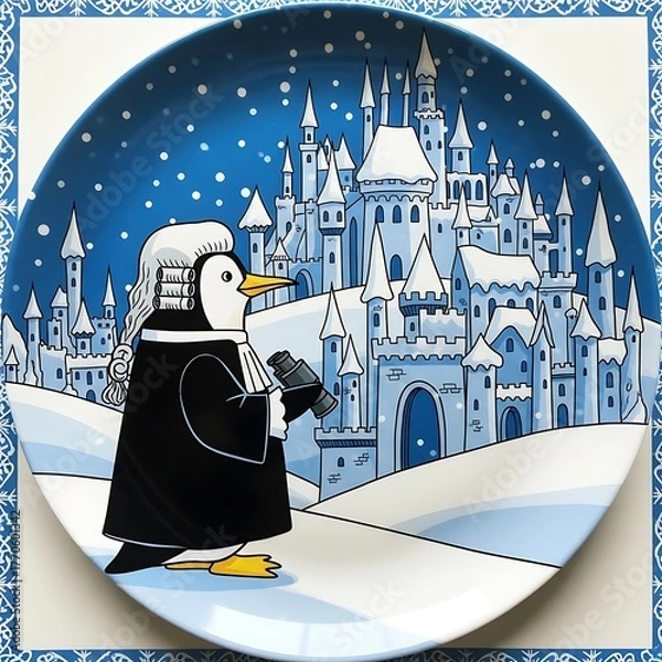 Fototapeta A whimsical plate features a penguin in a judge's robe holding binoculars, with a snowy castle backdrop