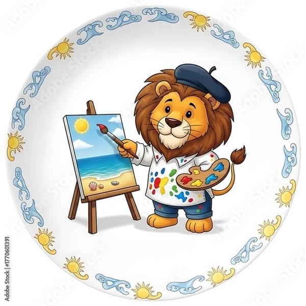 Fototapeta A whimsical plate featuring a cartoon lion painter, with a beret and palette, painting a sunny beach scene. Decorative border
