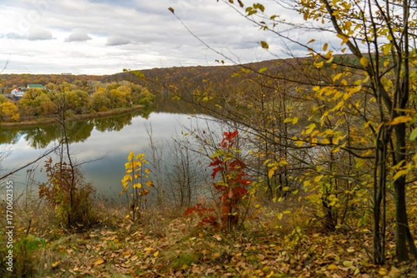 Fototapeta Autumn trees with yellow and red leaves on a hill above calm river reflecting forest and cloudy sky. Rural landscape photography. Autumn season and nature concept.