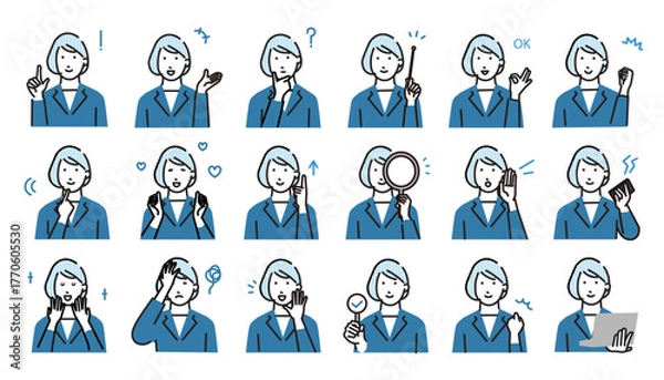 Obraz 女性の表情ービジネスパーソンの色々なポーズー表現アイコンセットーベクターイラスト素材