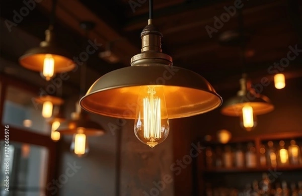 Fototapeta Retro light bulbs glow creating warm atmosphere. Decorative edison lamps hang from ceiling indoors. Stylish design with glowing tungsten filaments illuminates a restaurant interior with vintage look.