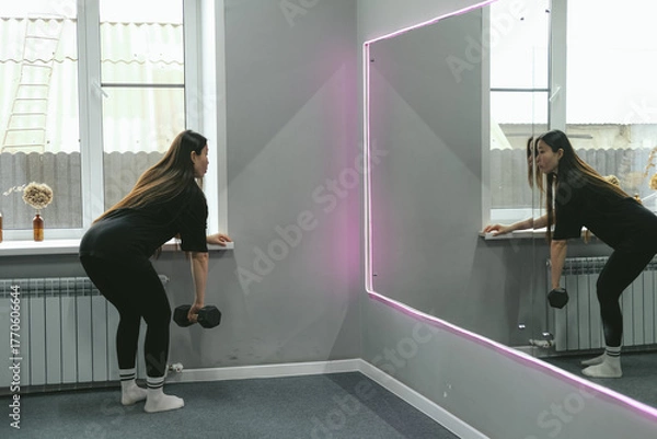 Obraz Strong beautiful fitness asian woman training, doing exercise with dumbbells at gym. Female sport athlete coach making workout bodybuilding on bench heavy fit equipment.