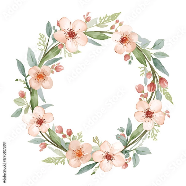 Fototapeta A delicate watercolor floral wreath featuring soft pink flowers and green leaves arranged in a circular pattern, set against a white background. The design presents a light, airy feel with pastel tone