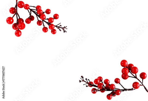 Obraz Red berries branches fir ornament frame isolated cutout object on transparent background .