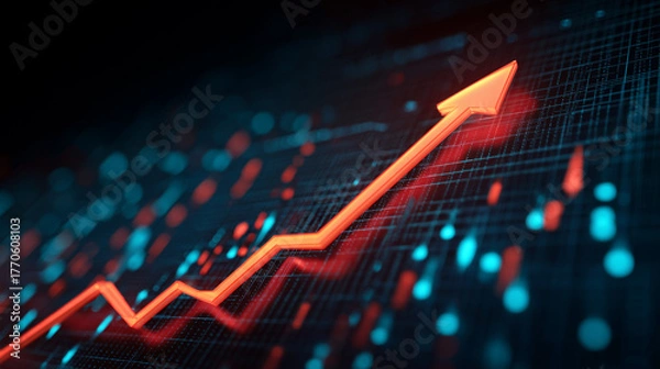 Fototapeta Gráfico com seta para cima simbolizando avanço, bons resultados, crescimento empresarial e evolução estratégica no mercado competitivo