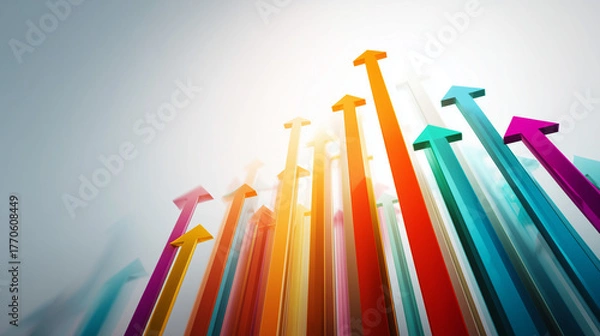Fototapeta Setas coloridas em ascensão sobre fundo claro representam progresso estratégico, crescimento sustentável, bons resultados e sucesso no ambiente corporativo
